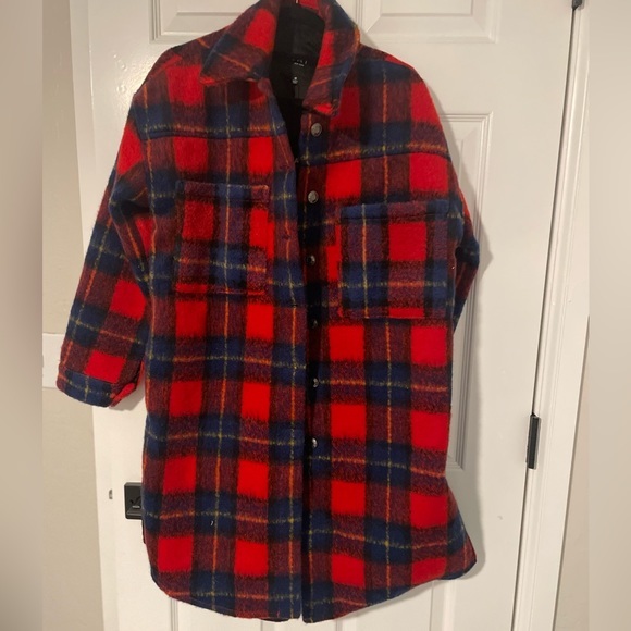 Oat New York Women's Blue & Red Acrylic plaid Button Up Side Slit Shacket Coat M - Picture 1 of 7